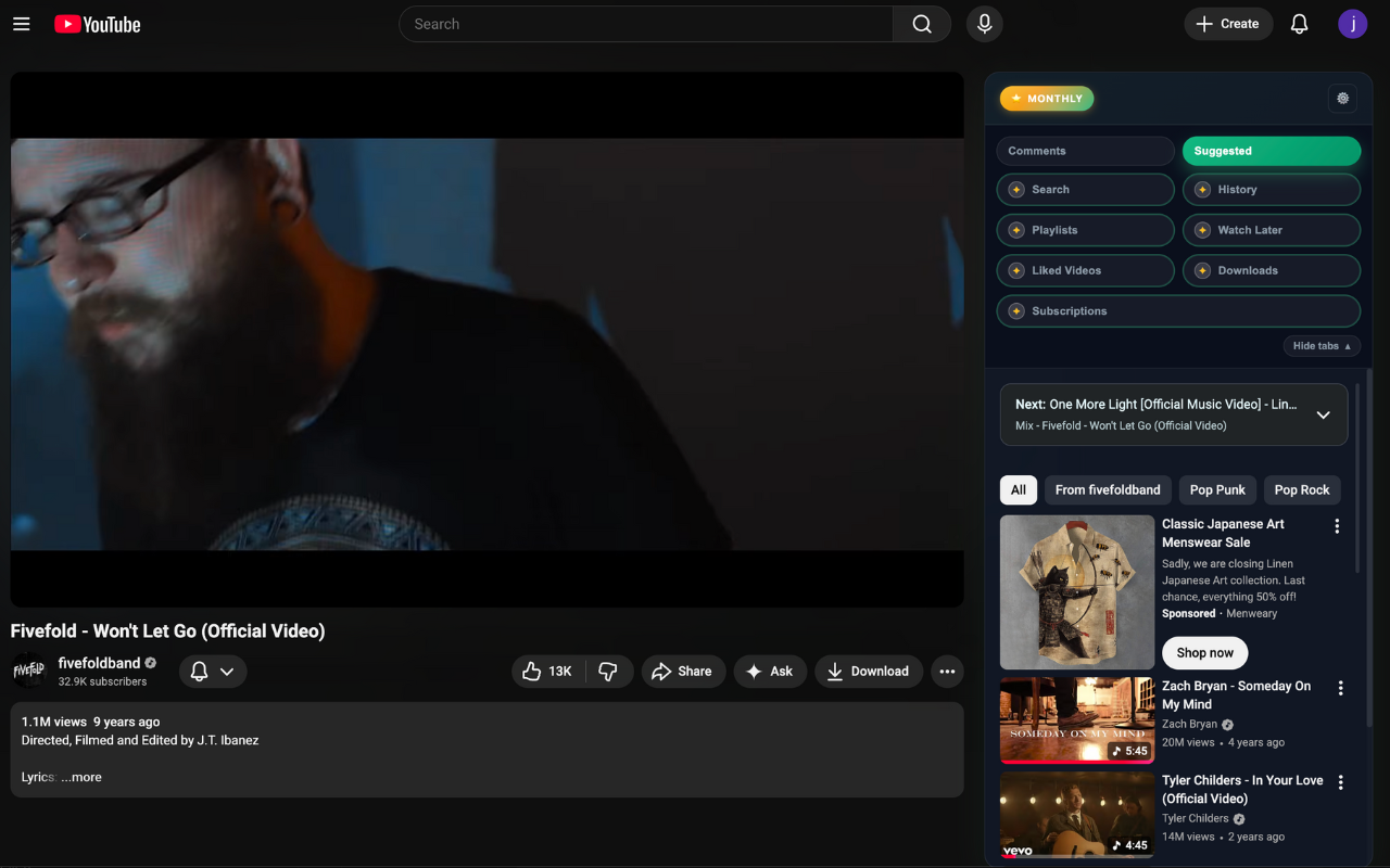 YouTube watch page with the video pinned on the left and the extension's tabbed sidebar on the right showing Suggested videos