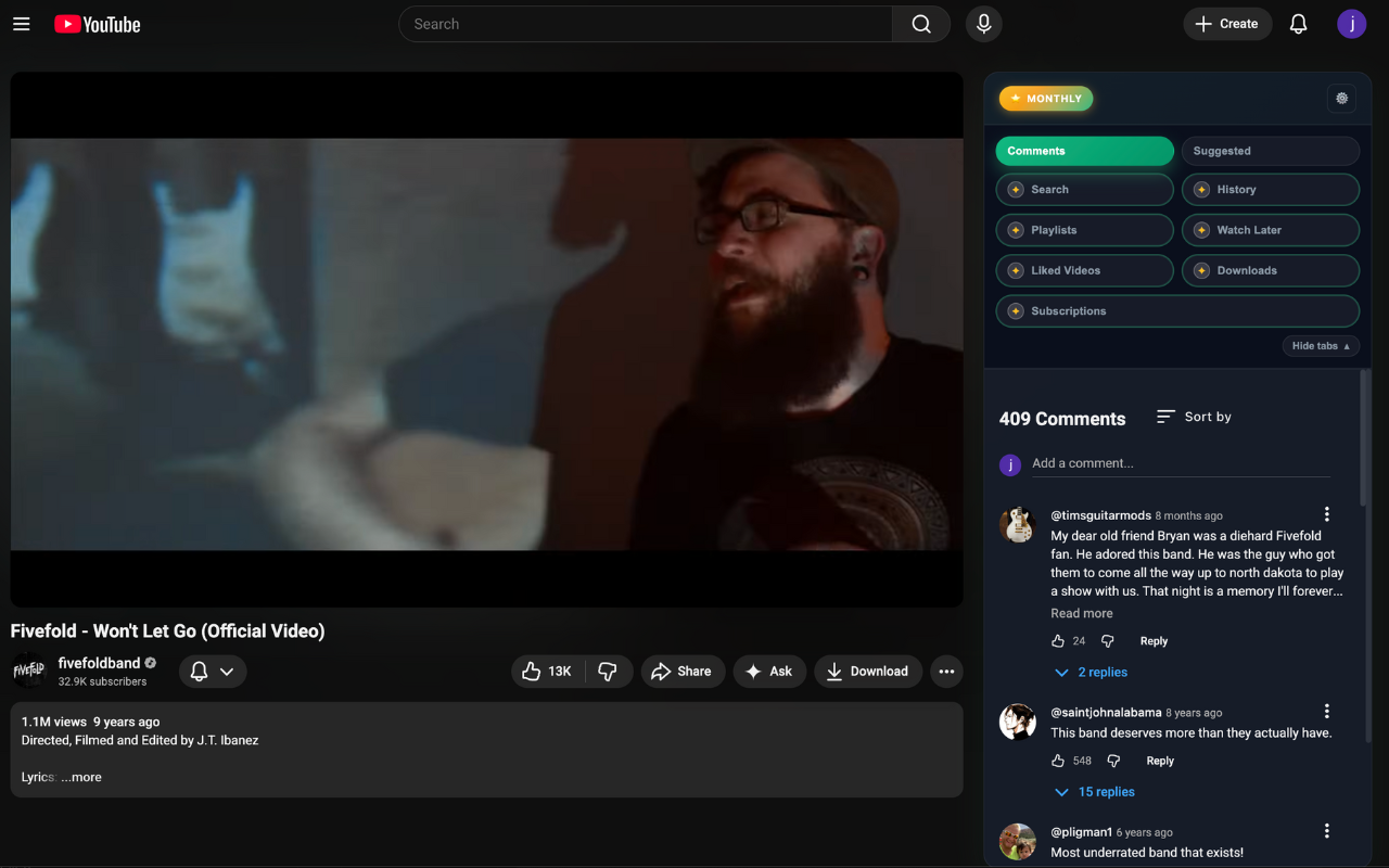 The Comments tab: the full comment thread scrolls in the sidebar while the video keeps playing